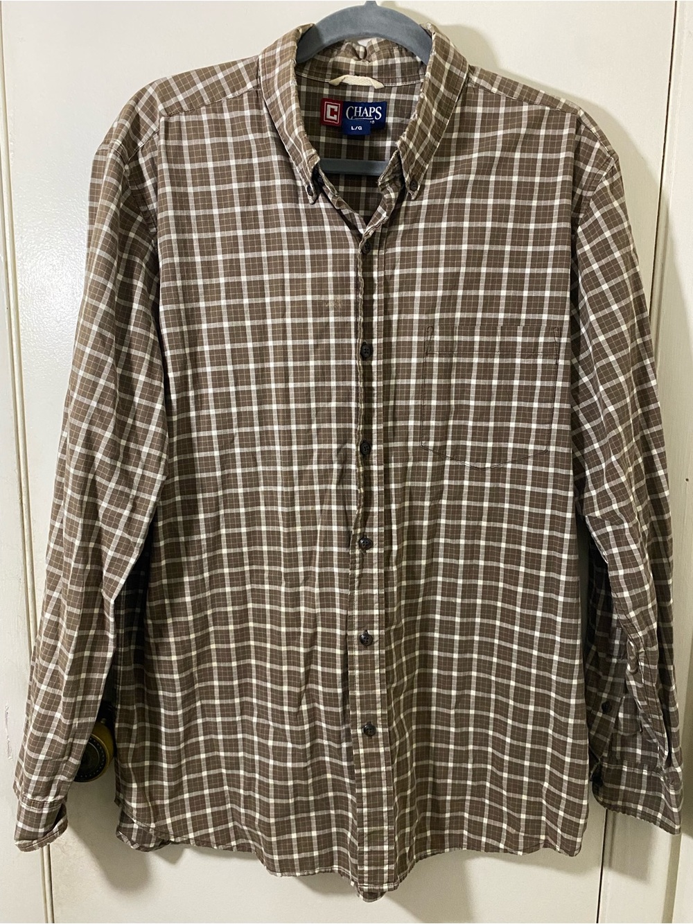 Chaps Brown and White Plaid Long-Sleeve Button-Down Shirt